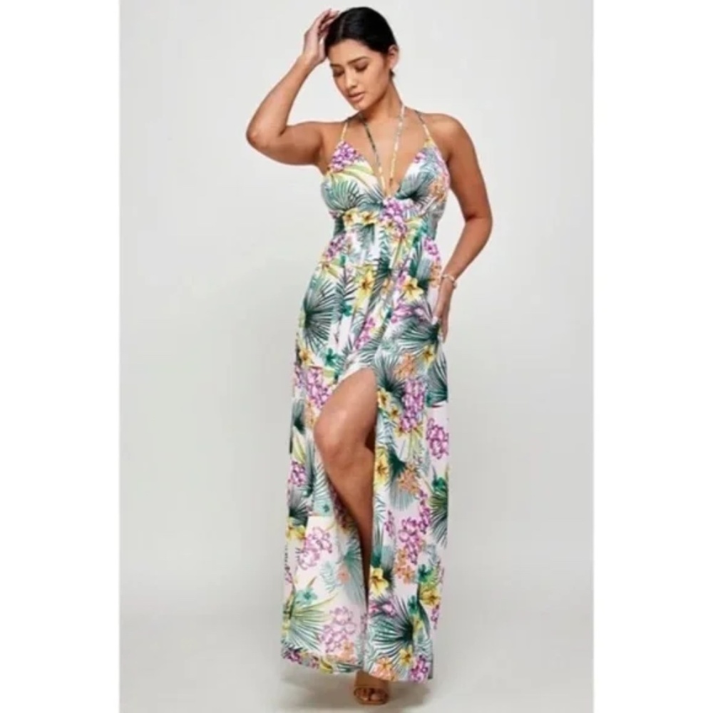 Purple Tropical Floral Palm Vacation Cruise Summer Sexy Slit Maxi Halter Dress